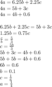 4a=6.25b+2.25c\\&#10;4a=5b+3c\\&#10;4a=4b+0.6\\&#10;\\&#10;6.25b+2.25c=5b+3c\\&#10;1.25b=0.75c\\&#10;\frac{c}{b}=\frac{5}{3}\\&#10;c=\frac{5b}{3}\\&#10;5b+3c=4b+0.6\\&#10;5b+5b=4b+0.6\\&#10;6b=0.6\\&#10;b=0.1\\&#10;c=\frac{1}{6}\\&#10;a=\frac{1}{4}