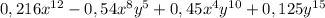 0,216 x^{12}-0,54 x^{8} y^{5}+0,45 x^{4} y^{10}+0,125 y^{15}