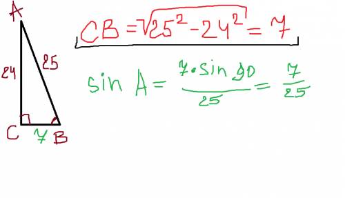 Втреугольнике авс угол с равен 90.найдите синус,косинус и тангенс углов a и b.если ас=24,аb=25. с че