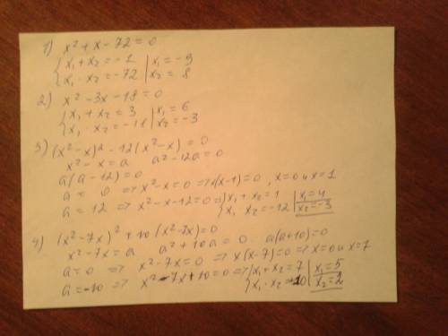 Решите ! x^2+x-72=0 x^2-3x-18=0 (x^2-x)^2-12(x^2-x)=0 (x^2-7x)^2+10(x^2-x)=0