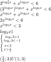 3^{log^2_{3}x}+x^{log_{3}x}<6\\ (3^{log_{3}x})^{log_{3}x}+x^{log_{3}x}<6\\ x^{log_{3}x}+x^{log_{3}x}<6\\ 2x^{log_{3}x}<6\\ x^{log_{3}x}<3\\ log_{3}x1\\ \left \{ {{log_{x}31} \atop {log_{x}3<-1}} \right.\\ \left \{ {{x<3} \atop {x\frac{1}{3}}} \right. \\ \\ (\frac{1}{3};3) U (1;3)