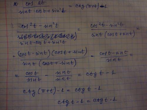 Докажите тождество: cos2t/(sint cost+sint^2)=ctg(п+t)-1