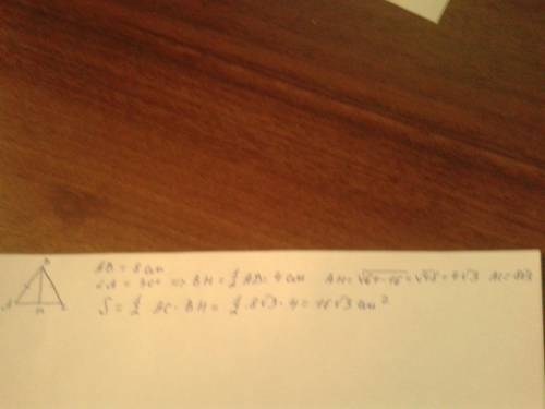 Урівнобедреному трикутнику бічна сторона = 8см,а кут при основі-30см.знайдіть площу
