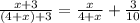 \frac{x+3}{(4+x)+3}= \frac{x}{4+x}+ \frac{3}{10}