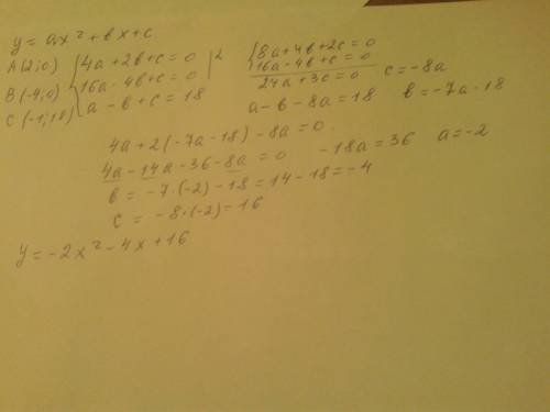 График квадратичной функции проходит через точки a(2; 0) b(-4; 0) c(-1; 18) напишите формулу этой фу