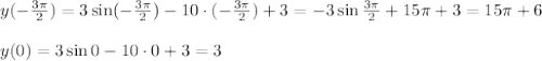 y(-\frac{3\pi}{2}) = 3 \sin (-\frac{3\pi}{2}) - 10\cdot (-\frac{3\pi}{2}) + 3=-3 \sin \frac{3\pi}{2} + 15\pi + 3 = 15\pi+6\\ \\ y(0) = 3\sin 0 - 10 \cdot 0 + 3 = 3