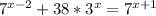 7^{x-2}+38* 3^{x}= 7^{x+1}