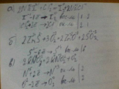 Методом электронного расставьте коэффициенты в уравнениях: а) nai+cl2=i2+nacl b) zns+o2=zno+so2 c) k