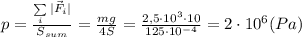 p=\frac {\sum\limits_i |\vec F_i|}{S_{sum}}=\frac {mg}{4S}=\frac {2,5\cdot 10^3\cdot 10}{125\cdot 10^{-4}}=2\cdot 10^6 (Pa)