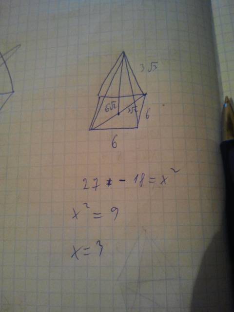 Вправильной 4х угольной пирамиде сторона основания =6 а боковое ребро три корня из трёх. найти высот
