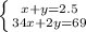 \left \{ {{x + y = 2.5} \atop {34x + 2y = 69}} \right.