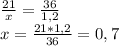 \frac{21}{x} = \frac{36}{1,2} \\ &#10;x= \frac{21*1,2}{36} =0,7