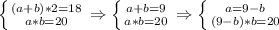 \left \{ {{(a+b)*2=18} \atop {a*b=20}} \right\Rightarrow \left \{ {{a+b=9} \atop {a*b=20}} \right. \Rightarrow \left \{ {{a=9-b} \atop {(9-b)*b=20}} \right.