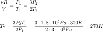 \dfrac{\nu R}{V}=\dfrac{P_1}{T_1}=\dfrac{3P_2}{2T_2}\\ \\ \\T_2=\dfrac{3P_2T_1}{2P_1}=\dfrac{3\cdot 1,8\cdot 10^5Pa\cdot 300K}{2\cdot 3\cdot 10^5Pa}=270K