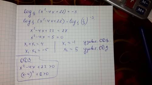 Логарифм (x^2-4x+22) по основанию 1/3 =-3