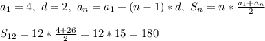 a_1 = 4, \ d = 2, \ a_n = a_1 + (n - 1)*d, \ S_n = n * \frac{a_1 + a_n}{2}\\\\&#10;S_{12} = 12*\frac{4 + 26}{2} = 12*15 = 180