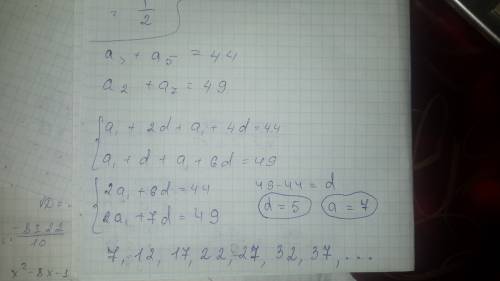 Сумма третьего и пятого членов арифметической прогрессии равна 44, а сумма второго и седьмого членов