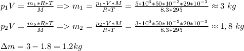 p_1V=\frac{m_1*R*T}{M}=m_1=\frac{p_1*V*M}{R*T}=\frac{5*10^6*50*10^{-3}*29*10^{-3}}{8.3*295}\approx3\ kg\\\\p_2V=\frac{m_2*R*T}{M}=m_2=\frac{p_2*V*M}{R*T}=\frac{3*10^6*50*10^{-3}*29*10^{-3}}{8.3*295}\approx1,8\ kg\\\\зm=3-1.8=1.2kg