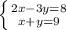 \left \{ {{2x-3y=8} \atop {x+y=9}} \right.