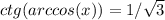 ctg(arccos(x))=1/ \sqrt{3}