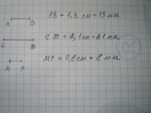 Начертите отрезки: ав=1,3 см; cd =2,1 см; mp=0,8 см