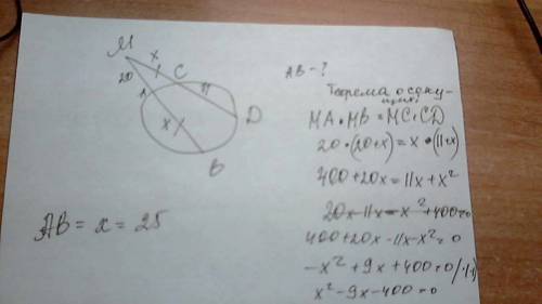 Из точки проведены секущие оуружности mab и mcd найти ab, если ab=mc, ma=20см, cd=11см