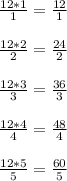 \frac{12*1}{1} = \frac{12}{1}\\ \\\frac{12*2}{2}= \frac{24}{2} \\ \\\frac{12*3}{3}=\frac{36}{3} \\ \\\frac{12*4}{4}=\frac{48}{4} \\ \\\frac{12*5}{5}=\frac{60}{5}