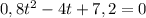 0,8t^2-4t+7,2 = 0