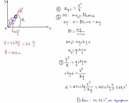 Мотоциклист едет по горизонтальной дороге со скоростью 72км/ч, делая поворот радиусом кривизны 100м.