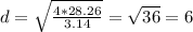 d= \sqrt{ \frac{4*28.26}{3.14} } = \sqrt{36} =6