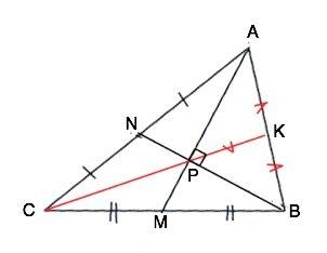 Медианы am и bn треугольника abc перпендикулярны и пересекаются в точке p. докажите, что cp=ab