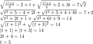 \sqrt{\frac{t^2+5}{2}-2+t}+\sqrt{\frac{t^2+5}{2}+2+3t}=7\sqrt{2}\\&#10;\sqrt{t^2+5-4+2t}+\sqrt{t^2+5+4+6t}=7*2\\&#10;\sqrt{t^2+2t+1}+\sqrt{t^2+6t+9}=14\\&#10;\sqrt{(t+1)^2}+\sqrt{(t+3)^2}=14\\&#10;|t+1|+|t+3|=14\\&#10;2t+4=14\\&#10;t=5