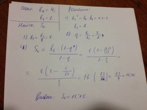 Найдите сумму шести первых членов прогрессии если в 2=4 и в 4=1( )