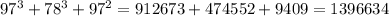 97^3+78^3+97^2=912673+474552+9409=1396634