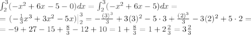 \int_2^3(-x^2+6x-5-0)dx=\int_2^3(-x^2+6x-5)dx=\\=\left.(-\frac13x^3+3x^2-5x)\right|_2^3=-\frac{(3)^3}3+3(3)^2-5\cdot3+\frac{(2)^3}3-3(2)^2+5\cdot2=\\=-9+27-15+\frac83-12+10=1+\frac83=1+2\frac23=3\frac23