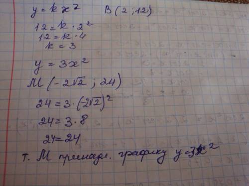 :известно,что график функции y=kx² проходит через точку b(2; 12). найдите значение коэффициента k. п