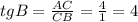 tgB= \frac{AC}{CB}= \frac{4}{1} =4