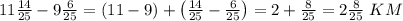 11\frac{14}{25}-9\frac6{25}=(11-9)+\left(\frac{14}{25}-\frac6{25}\right)=2+\frac8{25}=2\frac8{25}\;KM