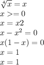 \sqrt[4]{x}=x \\ x=0 \\ x=x2 \\ x-x^2=0 \\ x(1-x)=0 \\ x=1 \\ x=1