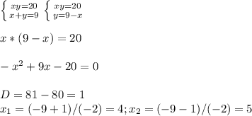 \left \{ {{xy=20} \atop {x+y=9}} \right. \left \{ {{xy=20} \atop {y=9-x}} \right. \\\\x*(9-x)=20\\\\-x^2+9x-20=0\\\\D=81-80=1\\x_1=(-9+1)/(-2)=4; x_2=(-9-1)/(-2)=5