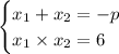 \begin{cases}x_{1}+x_{2} = - p \\ x_{1}\times x_{2} = 6 \end{cases}