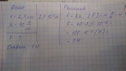 Под действием какой силы пружина растянулась на 2,5 см? жесткость пружины равна 40 h/m