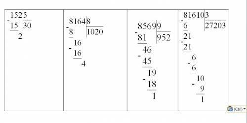 Выполни деление в столбик с остатком 152: 5 , 8164: 8 , 8569: 9 , 81610: 3