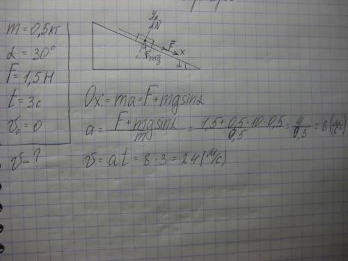 Небольшая шайба массой 0,5 кг скользит по наклонной плоскости с углом 30 градусов при основании.равн