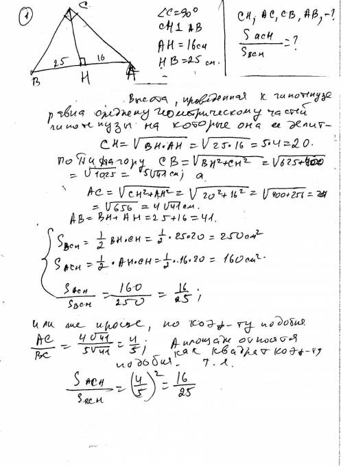 Решите нужно c решением 1)треугольник abc ( угол c= 90) ch-высота ah=16 см, hb=25 м .найти: сh; cb ;