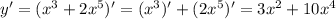 y' = (x^3+2x^5)' = (x^3)' + (2x^5)' = 3x^2 + 10x^4