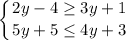 \displaystyle \left \{ {{2y-4 \geq 3y+1} \atop {5y+5 \leq 4y+3}} \right.