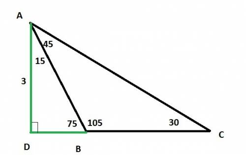 Втреугольнике abc углы a и c равны 45 30 соответственно а высота ад 3 м найдите стороны