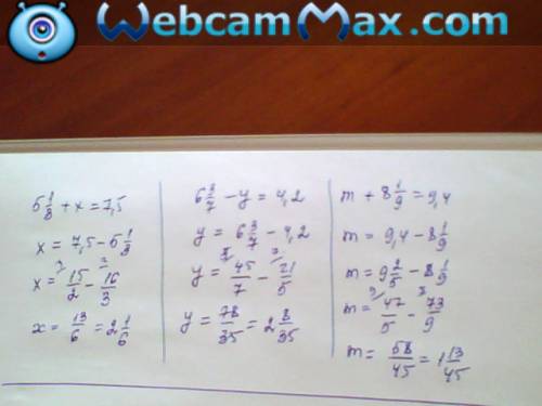 Решить уравнения 5.1/3+x=7.5; 6.3/7-y=4.2; m+8.1/9=9.4 ; 10.7/11-n=3.6 с решением.