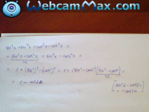 Решить ! докажите что верно равенство sin^2x+ sin^4x+cos^2x-cos^4x= 1- cos 2x